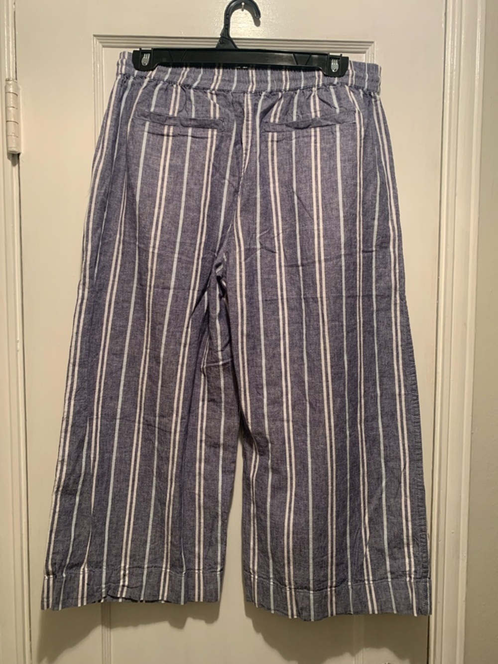 beachlunchlounge Blue and White Striped Wide Leg Linen Cotton Blend Crop Pants S - Picture 3 of 16